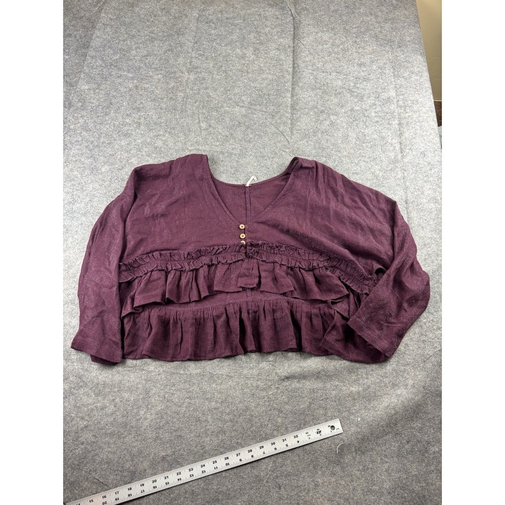 Free People Cropped Henley Ruffles Purple Shimmer Linen Blend Women M Artsy Boho